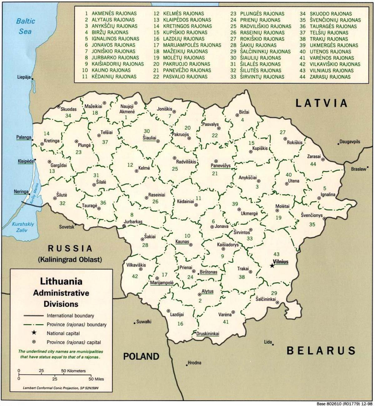 Kaart van die kaart Litaue met stede